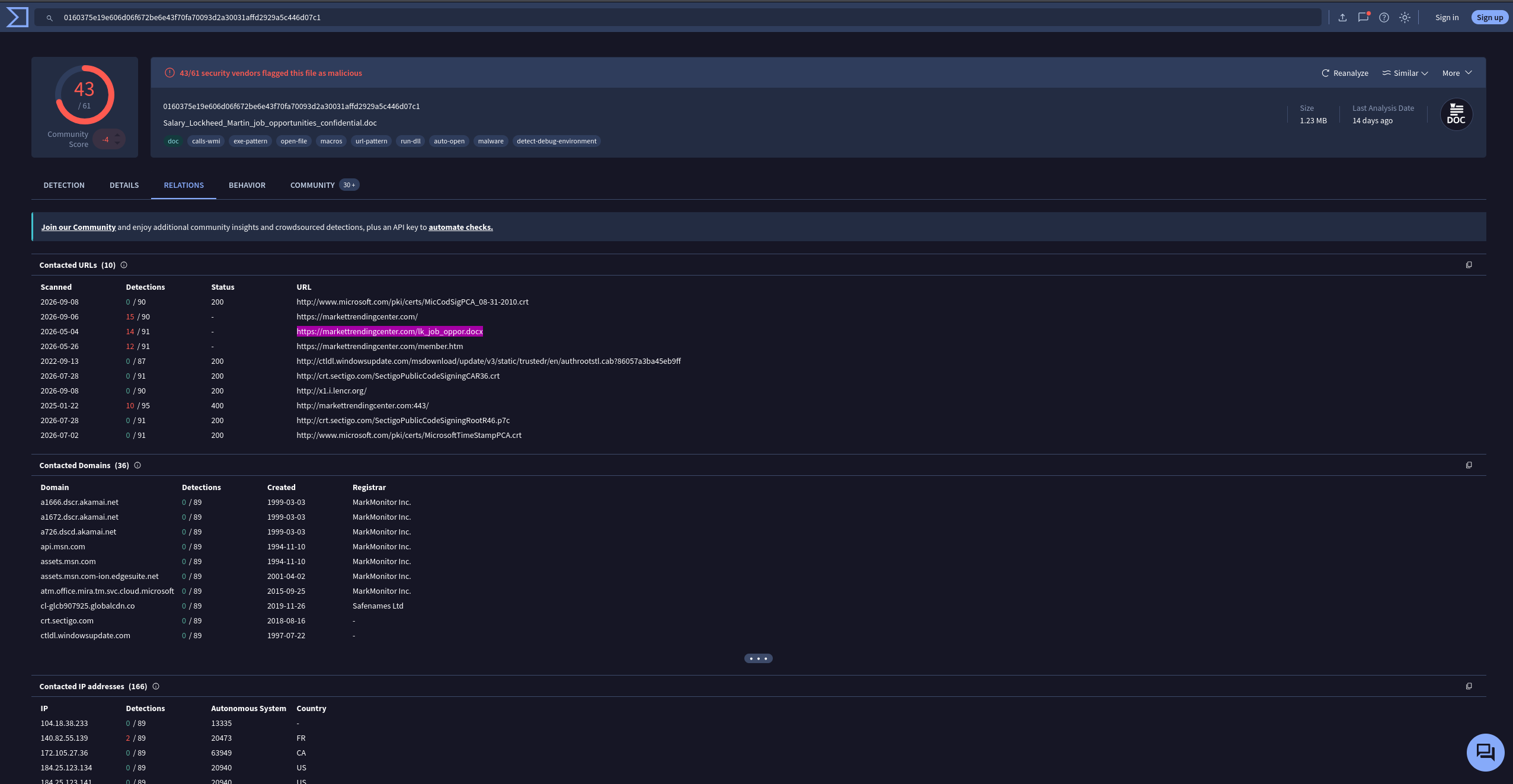 VirusTotal contacted URLs for third IOC hash